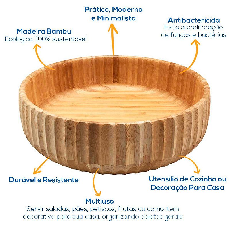 Tigela De Bambu Canelado Grande Redondo 22cm Servir Petiscos Porções